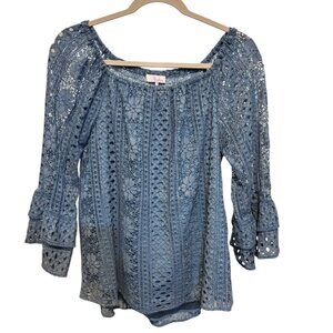 Parker Blue Eyelet Ruffle Sleeve Blouse Top